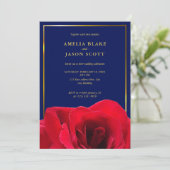 Invitation Rose rouge sur bleu profond | Mariage photo Gold F (Debout devant)