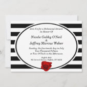 Invitation Rose rouge sur les rayures noires et blanches Dîne (Devant)