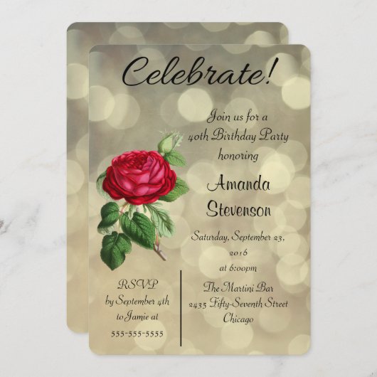 Invitation Rose rouge sur un Golden Bokeh illuminations Anniv (Devant / Derrière)