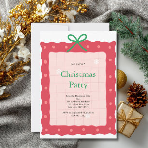 Invitation Rose Rouge Vert Coquette Nœud Doodle Fête de Noël