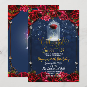 Invitation Rose Rouges Bleu Marine & Or Fête Douce 16 Party