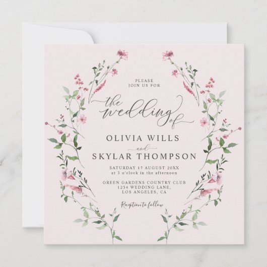 Invitation Rose roux Fleur sauvage jardin rose Mariage (Devant)