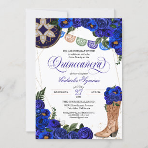 Invitation Rose Royal Blue Charra Cowgirl Western Quinceañera