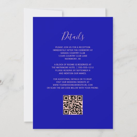 Invitation Rose Royal Blue Gold Parties scintillant QR Code M (Dos)