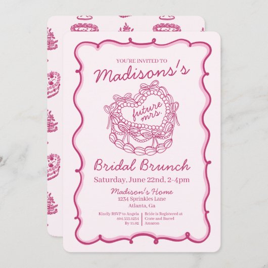 Invitation Rose Ruban Rétro Cœur Coquette Gâteau Mariage Peti (Devant / Derrière)