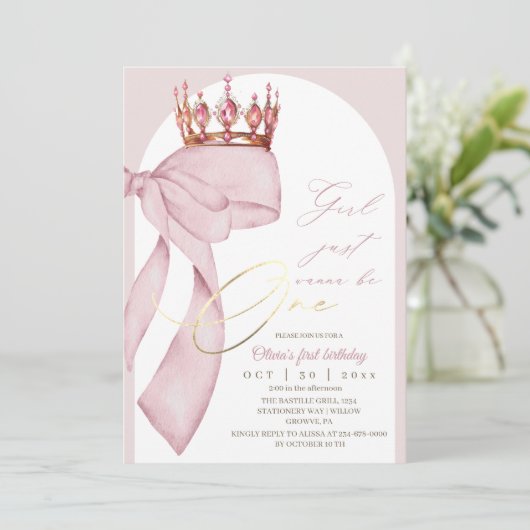 Invitation Rose Ruban Rose 1er Anniversaire (Debout devant)