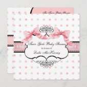 Invitation Rose Ruban Twin Girls Français Bow Dot Swirl (Devant / Derrière)