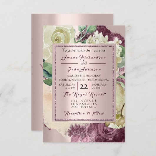 Invitation Rose Rustic Creamy Marsala Bourgogne Rose Mariage (Devant / Derrière)