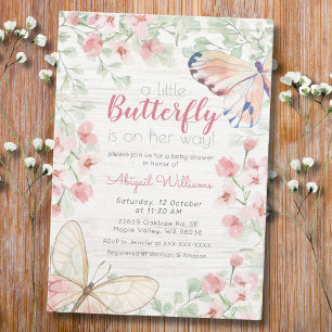 Invitation Rose Rustique Aquarelle Papillon Fille Baby shower