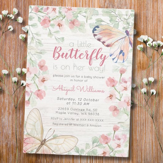 Invitation Rose Rustique Aquarelle Papillon Fille Baby shower