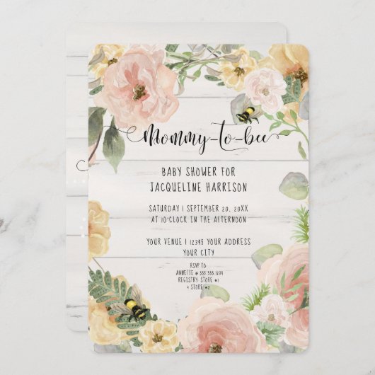 Invitation Rose Rustique BOHO Fleurs maman à la douche d'abei (Devant / Derrière)