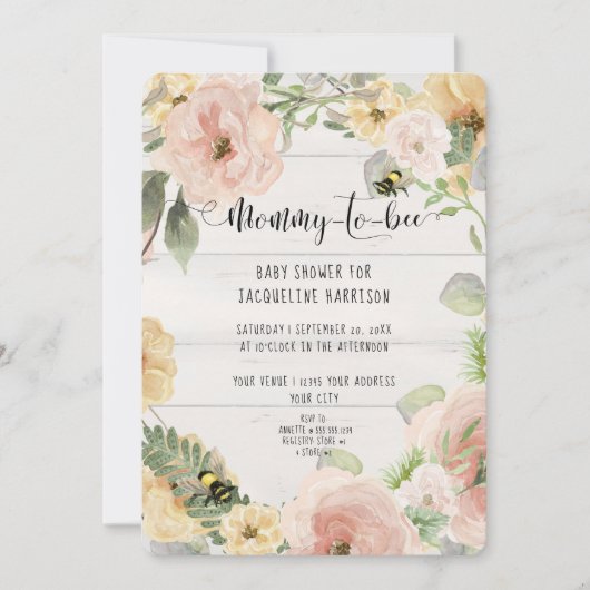 Invitation Rose Rustique BOHO Fleurs maman à la douche d'abei (Devant)