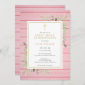 Invitation Rose Rustique Bois vert première communion sainte (Devant / Derrière)
