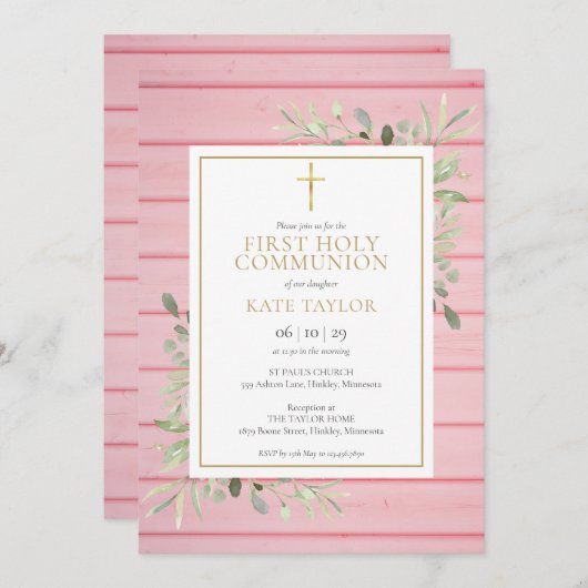 Invitation Rose Rustique Bois vert première communion sainte (Devant / Derrière)