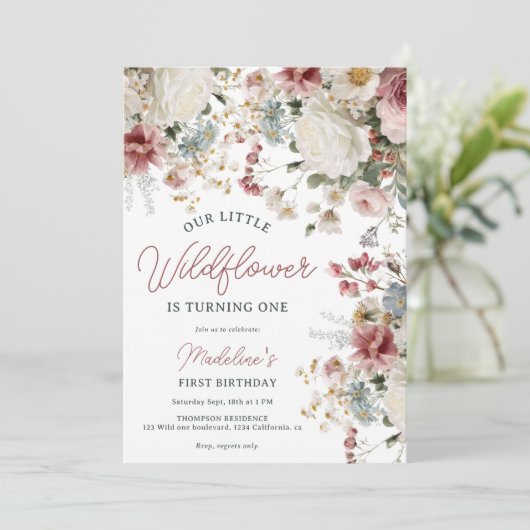 Invitation Rose Rustique, Crème Fleur sauvage Premier anniver (Debout devant)