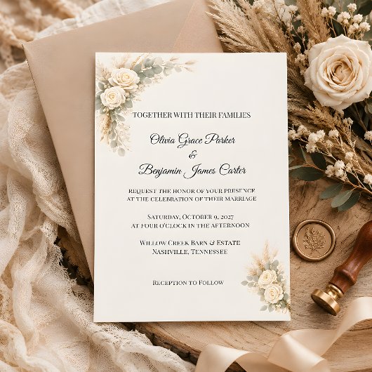 Invitation Rose Rustique de Luxe avec Herbe de Pampas