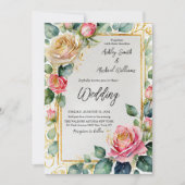 Invitation Rose rustique  encadré aquarelle Mariage floral (Devant)