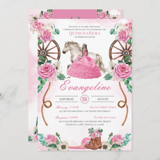 Invitation Rose Rustique Floral Ouest Charra Quinceanera (Devant / Derrière)