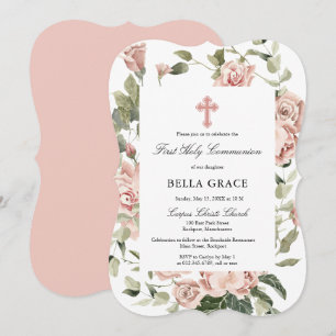 Invitation Rose Rustique Floral Première Sainte Communion Inv