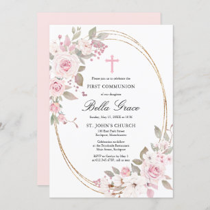 Invitation Rose Rustique Floral Première Sainte Communion Inv