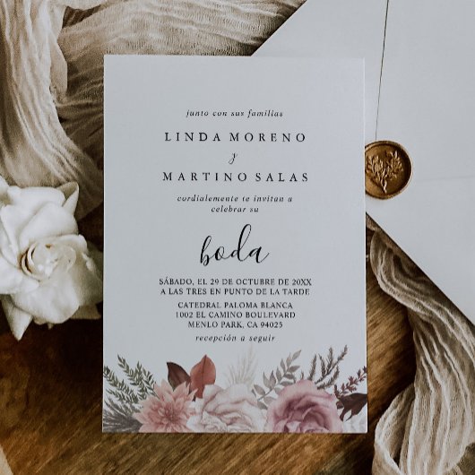 Invitation Rose Rustique Gold Floral Calligraphie Boda Mariag