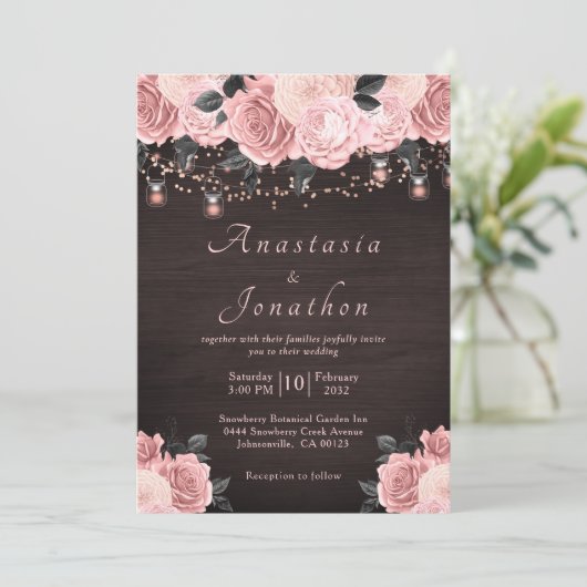 Invitation Rose Rustique Gold Floral String Mariage (Debout devant)