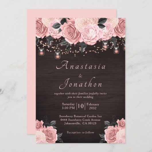 Invitation Rose Rustique Gold Floral String Mariage (Devant / Derrière)