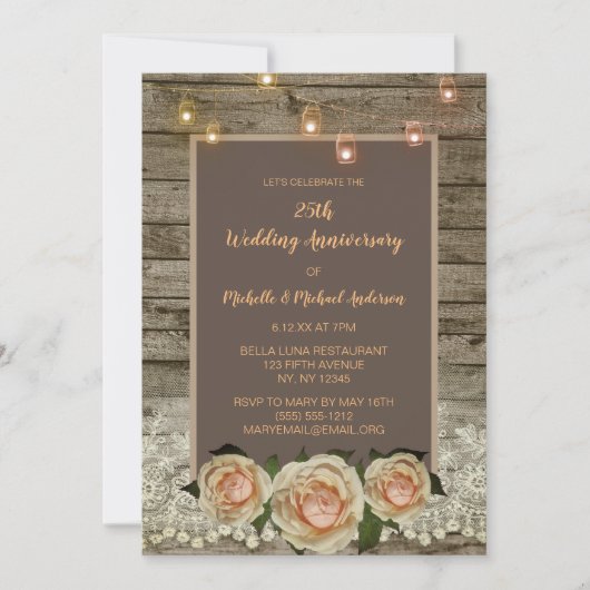 Invitation Rose rustique Lace Mason Jar Lumières 25e annivers (Devant)