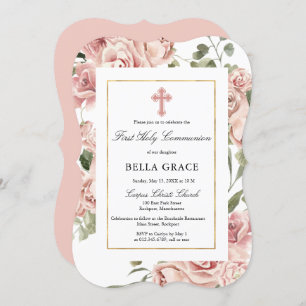 Invitation Rose Rustique Rose Floral Première Communion Saint