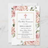 Invitation Rose Rustique Rose Floral Première Communion Saint (Devant)