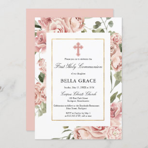 Invitation Rose Rustique Rose Floral Première Communion Saint