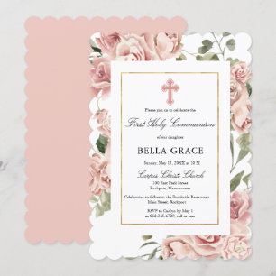 Invitation Rose Rustique Rose Floral Première Communion Saint