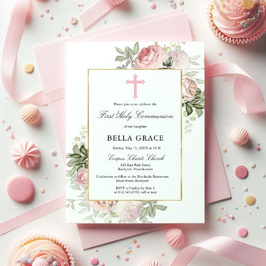 Invitation Rose Rustique Rose Floral Première Communion Saint