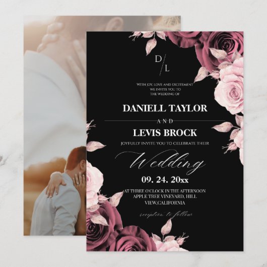 Invitation Rose Rustique Rouge Florale Mariage Noir (Devant / Derrière)