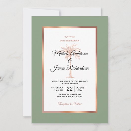 Invitation Rose Sage Gold Copper Palm Tree Tropical Mariage (Devant)
