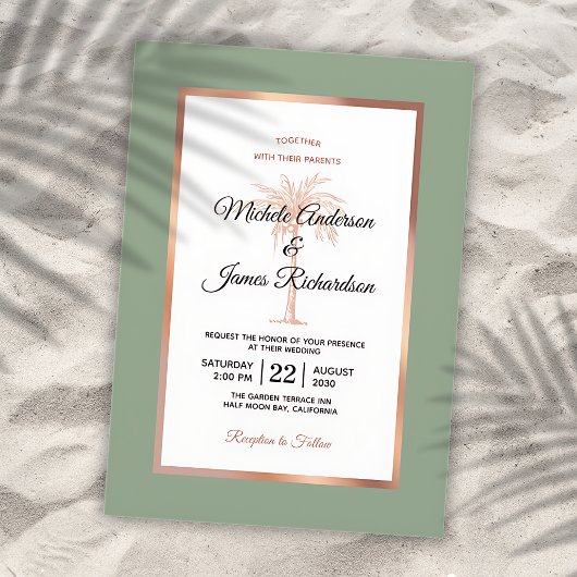 Invitation Rose Sage Gold Copper Palm Tree Tropical Mariage