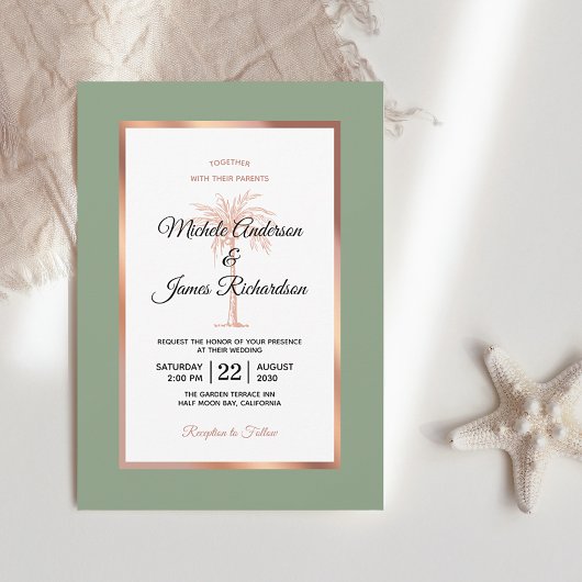 Invitation Rose Sage Gold Copper Palm Tree Tropical Mariage