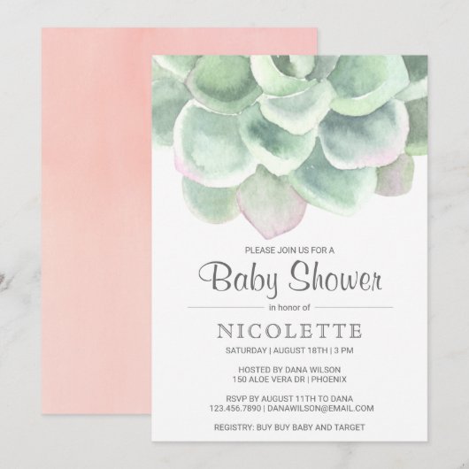 Invitation Rose Sage Green Girl Baby shower Succulent (Devant / Derrière)