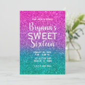 Invitation Rose sarcelle aqua et violet pailleté glitter Swee (Debout devant)