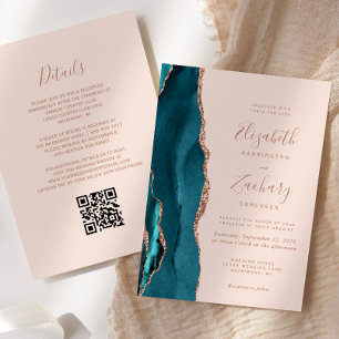 Invitation Rose sarcelle or faux mariage à code QR rose poudr