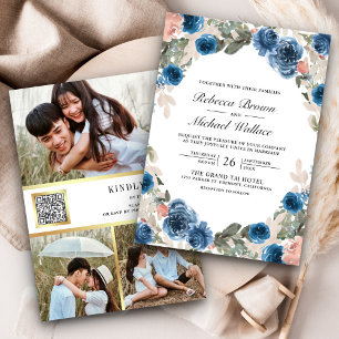 Invitation Rose saumon Bleu marine Floral Code QR Photo Maria