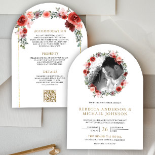 Invitation Rose saumon Bourgogne Fleurs en arche Photo Mariag