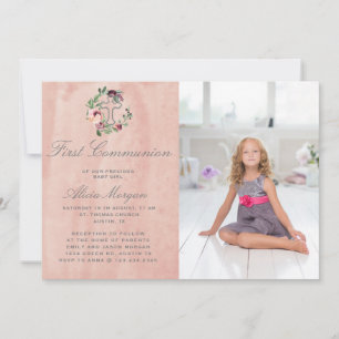 Invitation rose saumon marsala floral première communion