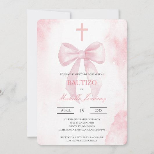 Invitation Rose saumonée avec baptême croix (Devant)