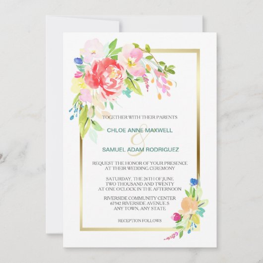 Invitation Rose sauvage Bouquet  Gold Frame Mariage (Devant)