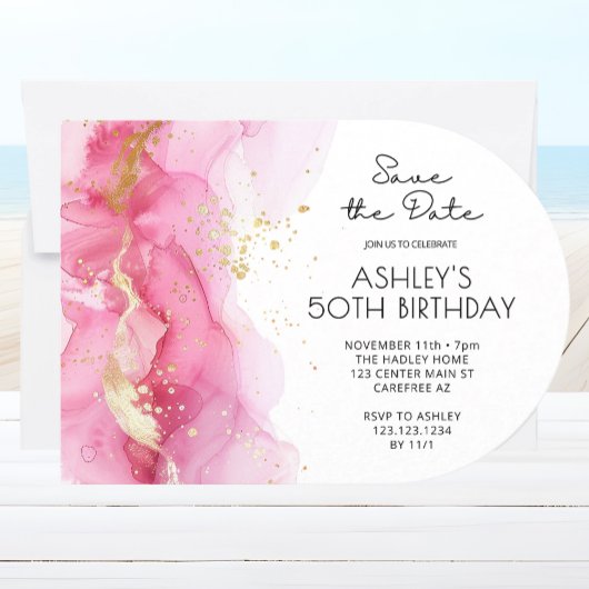 Invitation Rose Sauvez la date Moderne 50e anniversaire