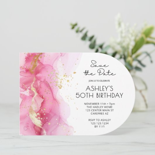 Invitation Rose Sauvez la date Moderne 50e anniversaire (Debout devant)