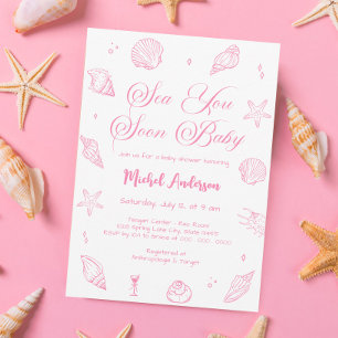 Invitation Rose Sea You Soon Fête de Bébé Côtière
