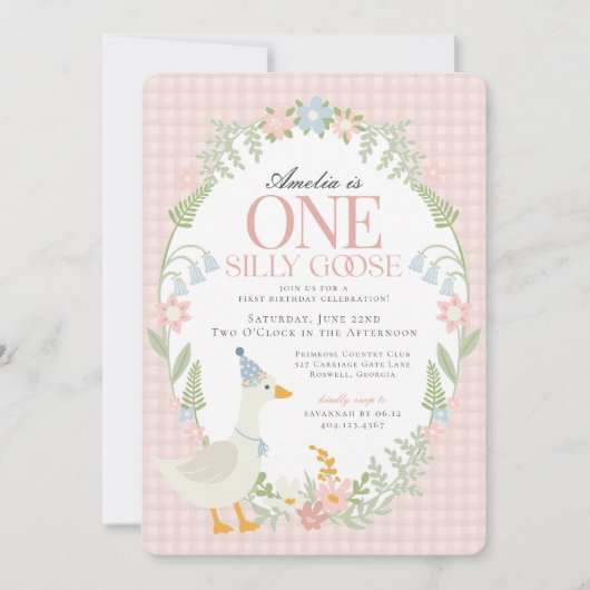 Invitation Rose Silly Goose Floral En vichy premier anniversa (Devant)
