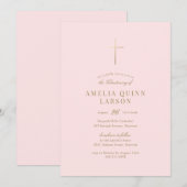 Invitation Rose Simple Elegant Gold Cross Christening (Devant / Derrière)